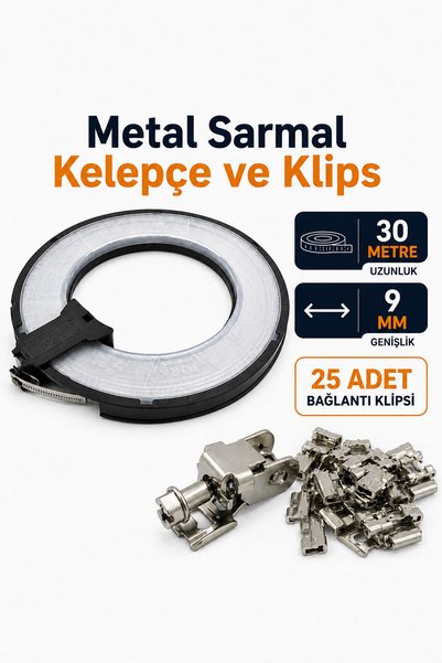 Badem10 Metal Rulo Kelepçe TP 9MM 30 Metre + 25 Adet Bağlantı Klipsi Kelepçe Tamir Seti