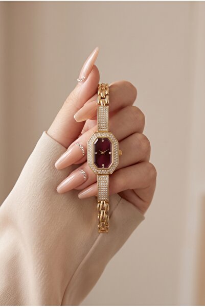 KLISHE Swarovsk Women's Steel Watch Gold Color & Burgundy Dial with Stones Vi...