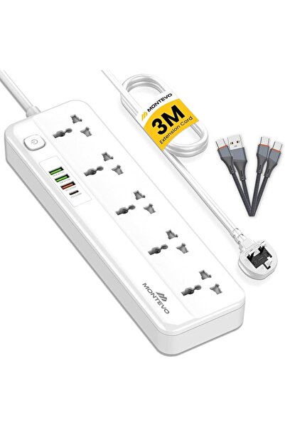 GENERAL 5 Way 3M Power Extension Cord with 4 USB, 20W USB-C PD and USB-A QC F...