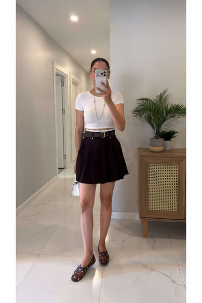 BİRCANÇİL Vadrica Brown Ecru Premium Garnished Belted Skirt