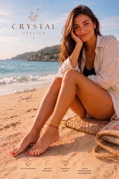 Crystal Atelier طقم خلاخيل من قطعتين باللون الأصفر والأحمر، مقاوم للماء وقابل للتعديل، خلاخيل صيفية من المكرامية