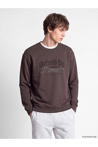 LC Waikiki Peak New Season Plum Color Crew Neck Printed Men's Thick Sweatshirt