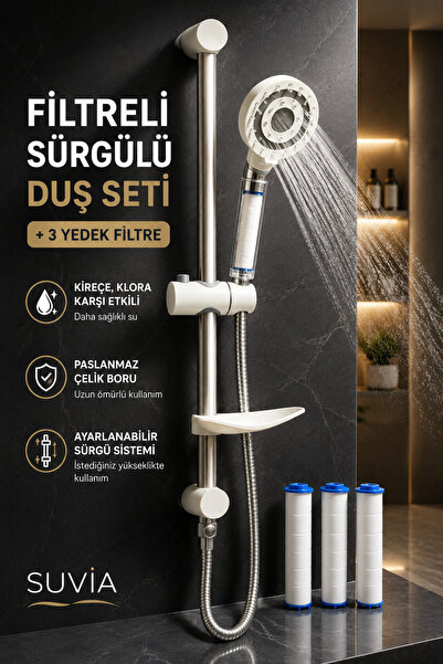 SUVİA Filtreli Sürgülü Duş Seti 5 Fonksiyonlu Duş Başlığı 3 Yedek Filtre Çeli...