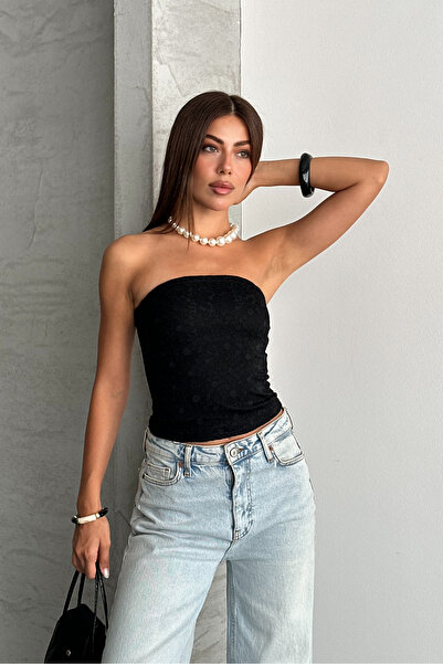 macharel jeans Kadın Straplez Dantel Dokulu Bluz
