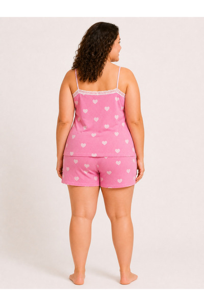 Bravie Women's Plus Size Rope Strap Lace Collar White Heart Pink Summer Pajama Set
