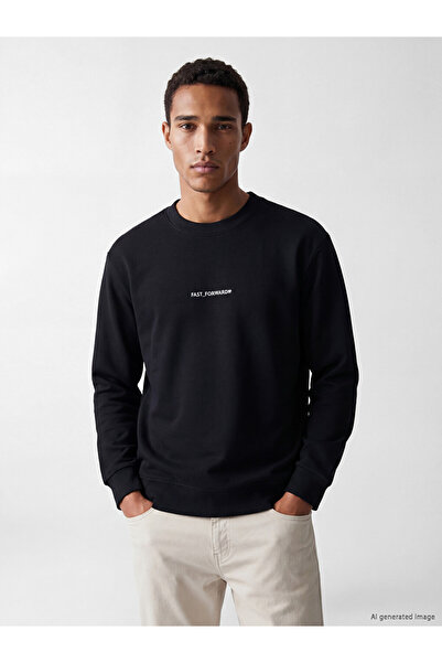 LC Waikiki Vizyon New Season Black Crew Neck Slogan Printed Men's Sweatshirt