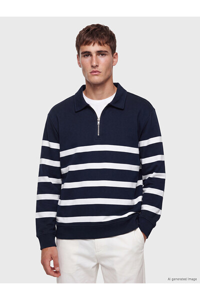 LC Waikiki Vizyon New Season Navy Blue Polo Collar Striped Men's Sweatshirt
