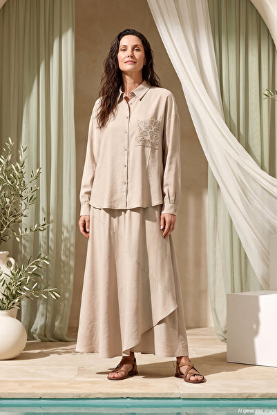 Ceremony Pocket and Skirt Laser Embroidered Skirt Suit 923 Stone