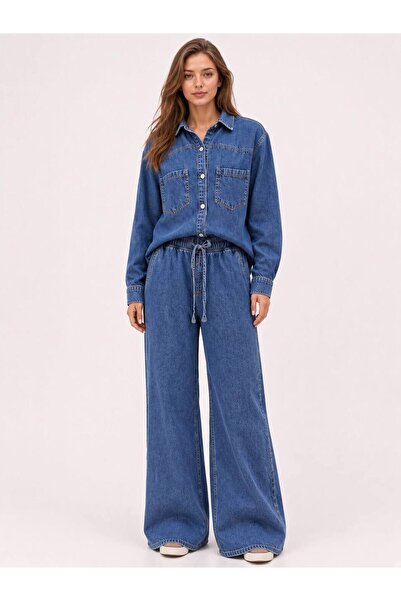 Safari Kadın Açık Denim İkili Takım Oversize Jean Gömlek Beli Lastikli Geniş ...