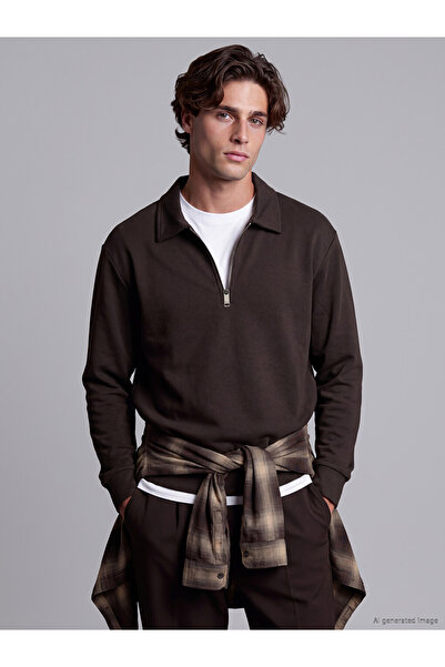 LC Waikiki Özmarka New Season Brown Polo Collar Men's Sweatshirt