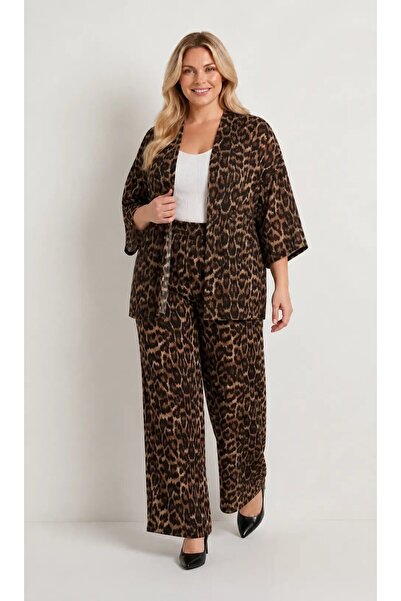 hazelin Women's Plus Size Leopard Patterned Brown Kimono Set Hzl26S-Pr10181