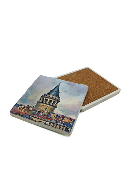 Sadrazam Galata Tower Printed Natural Stone Coaster 10X10 Krt-20