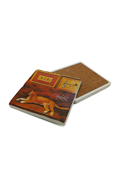 Sadrazam Istanbul Cat Printed Natural Stone Coaster 10X10 Krt-65