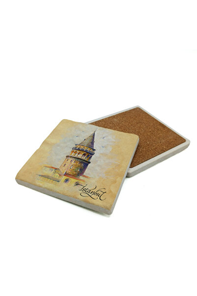 Sadrazam Galata Tower Printed Natural Stone Coaster 10X10 Krt-21