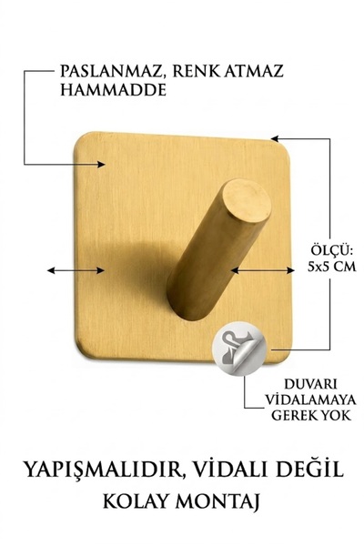 evnepa Bornozluk Çok Amaçlı Bornoz Askısı Yapışkanlı Mat Altın Bornozluk Gold Paslanmaz Bornozluk Üç Adet
