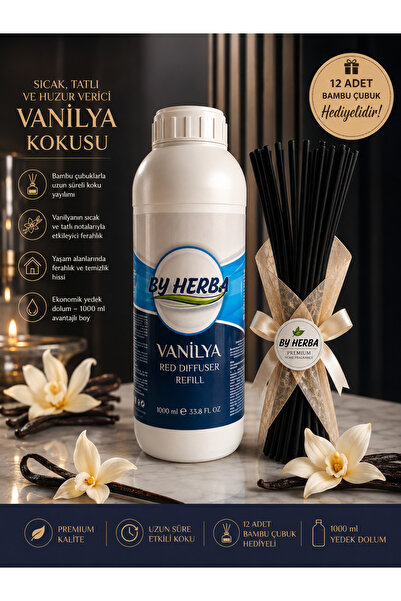 Vanilya Çubuklu Oda Kokusu Yedeği 1000 ml + 12 Adet Bambu Çubuk Hediye