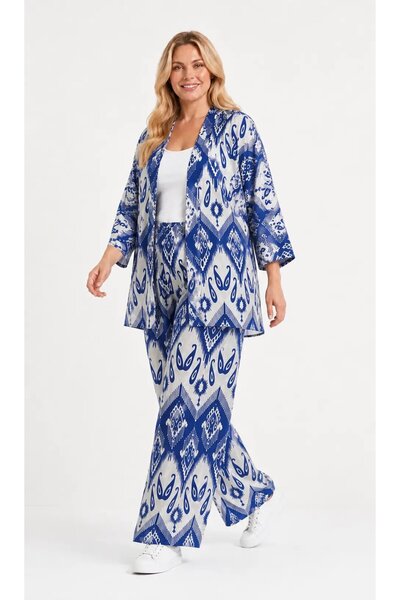 hazelin Set kimono albastru cu imprimeu etnic pentru femei, mărime mare HZL26...