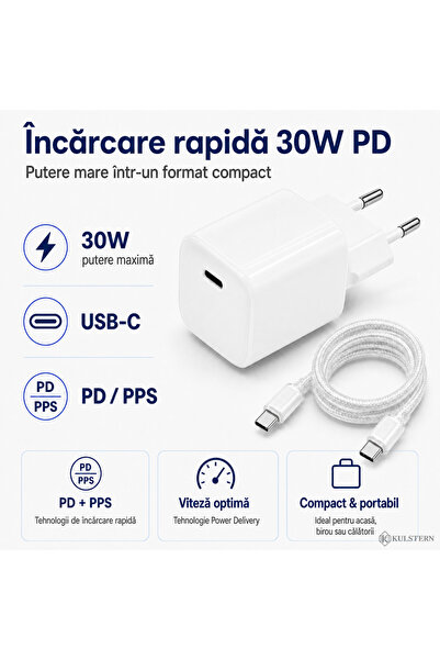 Kulstern Încărcător Rapid 30W USB-C PD PPS, Compatibil Samsung Galaxy, iPhone 15/16/17, Cablu Premium Împletit 1m Inclus