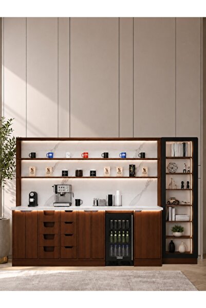 coffee world Modern Light Wood Grain White Coffee Corner Table with Side Cabi...