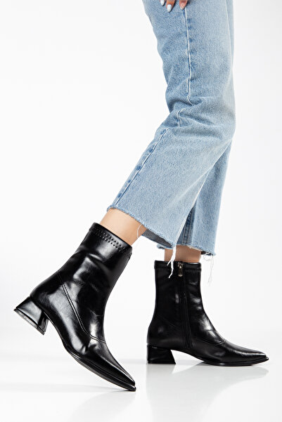 DİORİN Women's Short Thick Heeled Pointed Toe Zippered Casual Boots