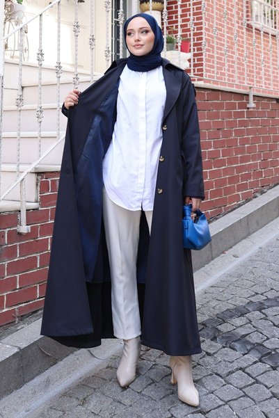 MİSSKAYLE Classic collar long trench coat navy blue 2029