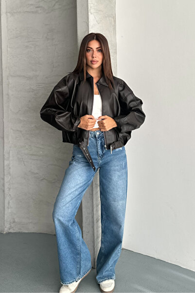macharel jeans Women's Lined Oversize Leather Jacket Coat Oversize Relax Fit,...