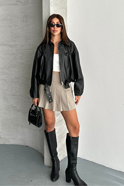 macharel jeans Kadın Astarlı Oversize Deri Ceket Mont Oversize Relax Fit, Fermuarlı Kemer Detaylı Günlük Kadın Ceket
