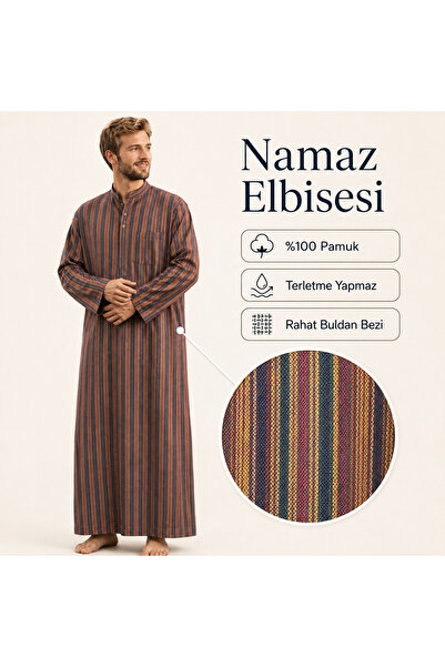 Afil Collection Erkek Namaz Elbisesi %100 Pamuk Buldan Bezi Çizgili Hakim Yak...