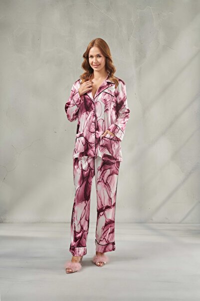 DAWN LİNE Women's Abstract Patterned Satin Long Sleeve Pajama Set Aura & Dowr...