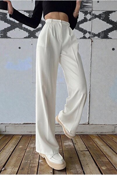 byhaziran butik Women's Ecru Wide Leg Fabric High Waist Trousers