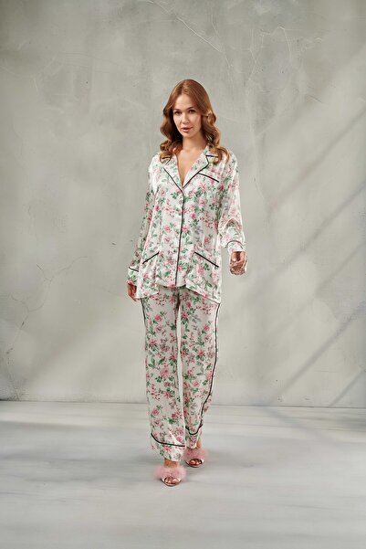 DAWN LİNE Women's Floral Patterned Dowry Satin Long Sleeve Pajama Set Bloom &...