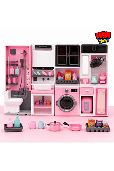 Han toys Oyuncak Mutfak Banyo Çamaşır Makinesi Seti Aksesuarlı Pembe Evcilik ...