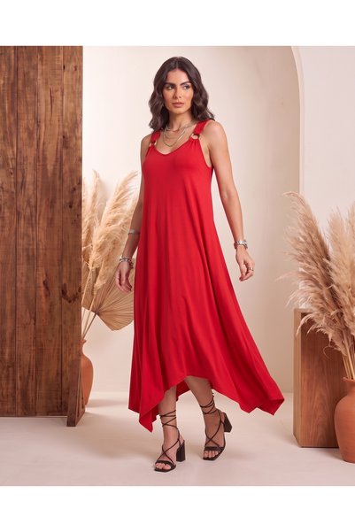 Missrelda Moda فستان نسائي كاجوال طويل بقصة غير متماثلة وتفاصيل حلقات على شكل...