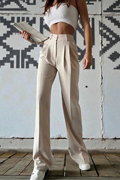 byhaziran butik Elegant High Waist Cream Fabric Palazzo Trousers