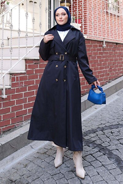 MİSSKAYLE Classic collar long trench coat navy blue 2029