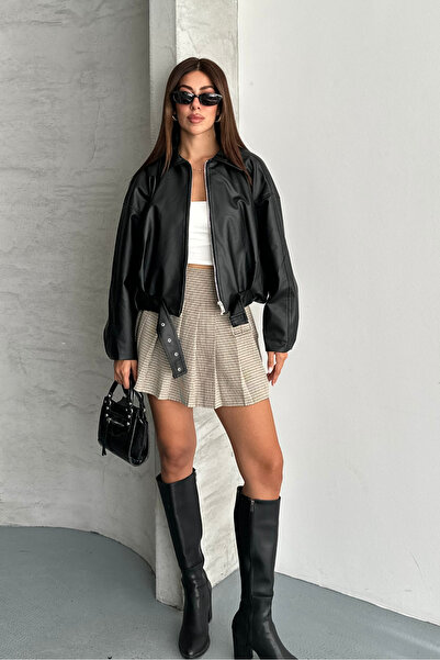 macharel jeans Kadın Astarlı Oversize Deri Ceket Mont Oversize Relax Fit, Fermuarlı Kemer Detaylı Günlük Kadın Ceket