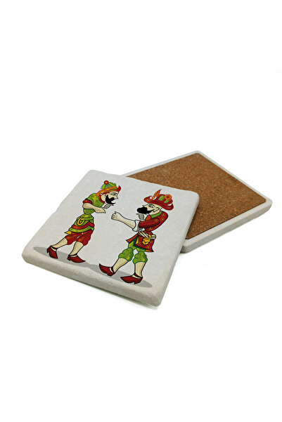 Sadrazam Hacivat and Karagöz Printed Natural Stone Coasters 10X10 Krt-114
