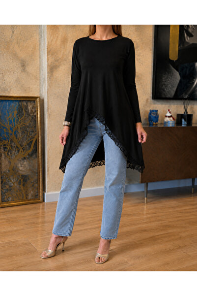 moda wanilia Women's Crew Neck Lace Detailed Asymmetrical Cut Long Sleeve Vis...