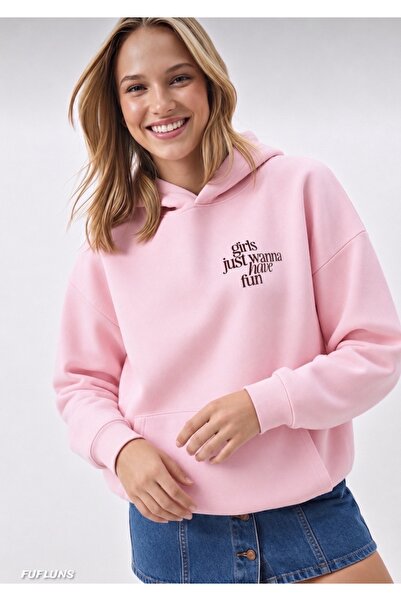 FUFLUNS Girls Just Wanna Have Fun Printed Oversized Women's Hooded Sweatshirt