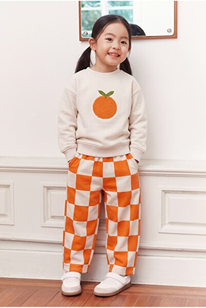 Magu Children's Orange Embroidered Ecru Sweatshirt and Orange Checkerboard Tr...
