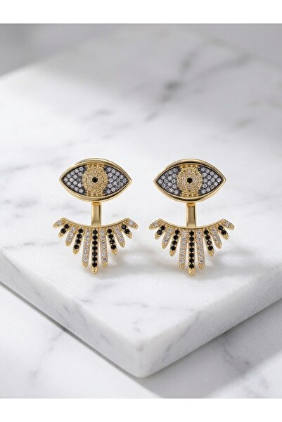 Kadın Gold Taşlı Göz Figürlü Kirpikli Çift Taraflı Küpe (Ear Jacket Tasarım)