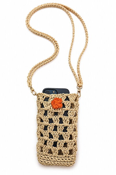 NEHOLİA Handmade Wicker Rope Knitted Phone Bag with Orange Flowers Mini Cross...