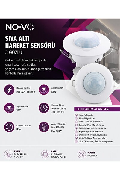 No-vo 3 Gözlü Sıva Altı Hareket Sensörü 360° – 20 Metre Çapında Geniş Algılam...