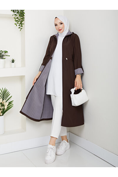 MEHDENEFE Striped Bondit Fabric Hijab Trench Coat Mde1205010
