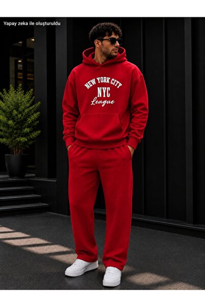 caddekombin Men's New York City Nyc League Printed Tracksuit Set / Hooded Kan...