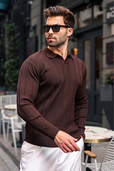 Madmext Brown Polo Collar Patterned over Fit Men's Knitwear Sweater E7517