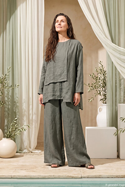 Ceremony Blouse with Front Piece and Wide Leg Trousers Nile Set 965 Green