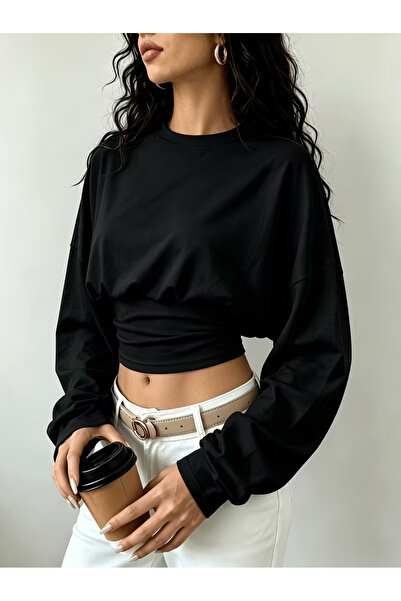 Machetta Women's Long Sleeve Oversize Crew Neck Crop T-Shirt