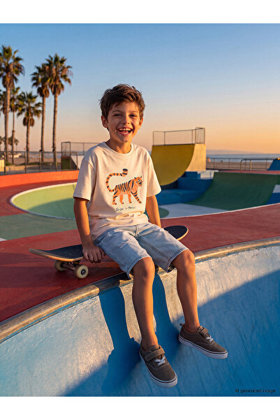 LC Waikiki Trendlucky Boys' T-Shirt with Oval Collar and Printed Design