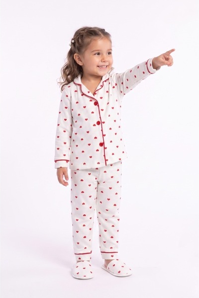 poli foni Kuz Çocuk Kalpli Terlikli Önden Düğmeli Pijama Takımı(Terlik Dahil)